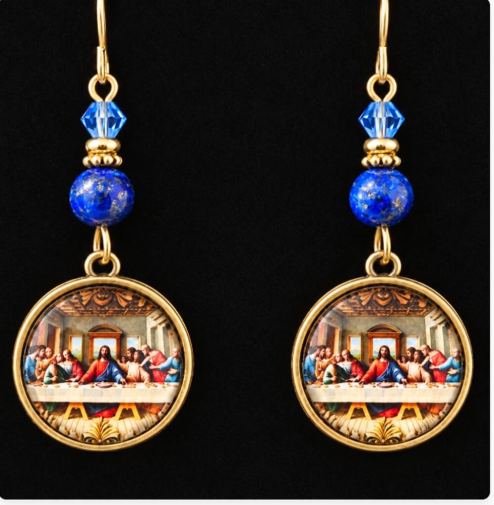 Last Supper Earrings Bronze Tone with Blue Bead